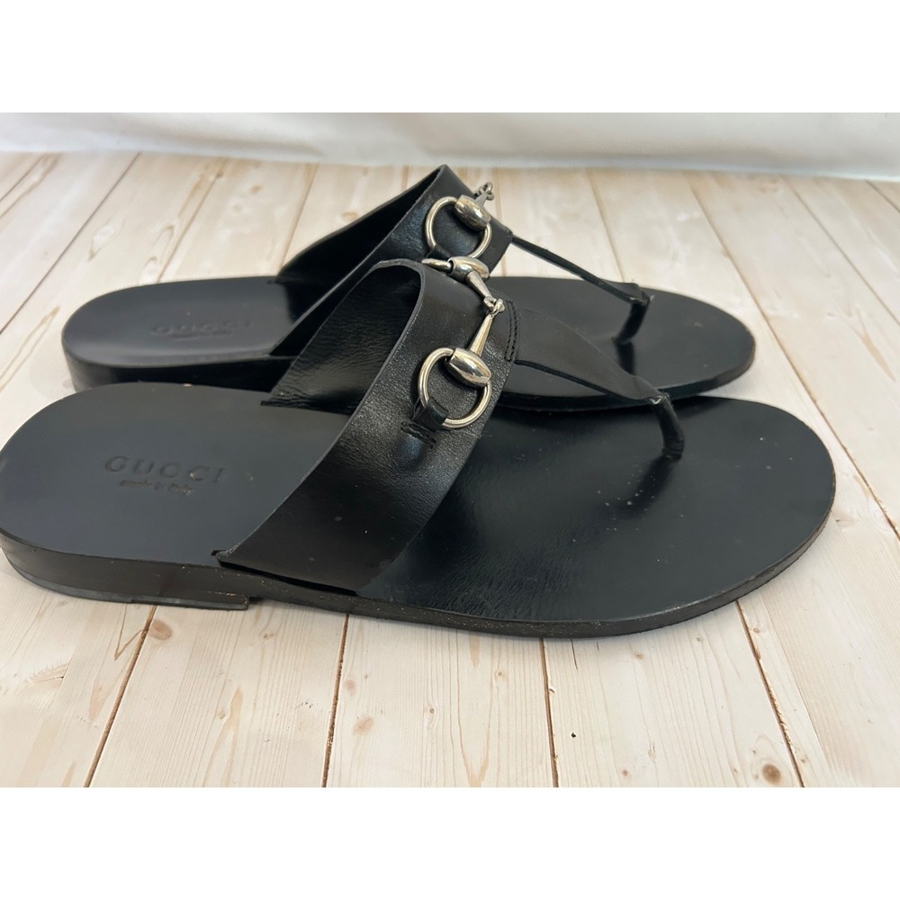 GUCCI Black Solid Leather Men Thong Horsebit Sandal UK 9/USA / EU 43 Rare - Picture 2 of 8